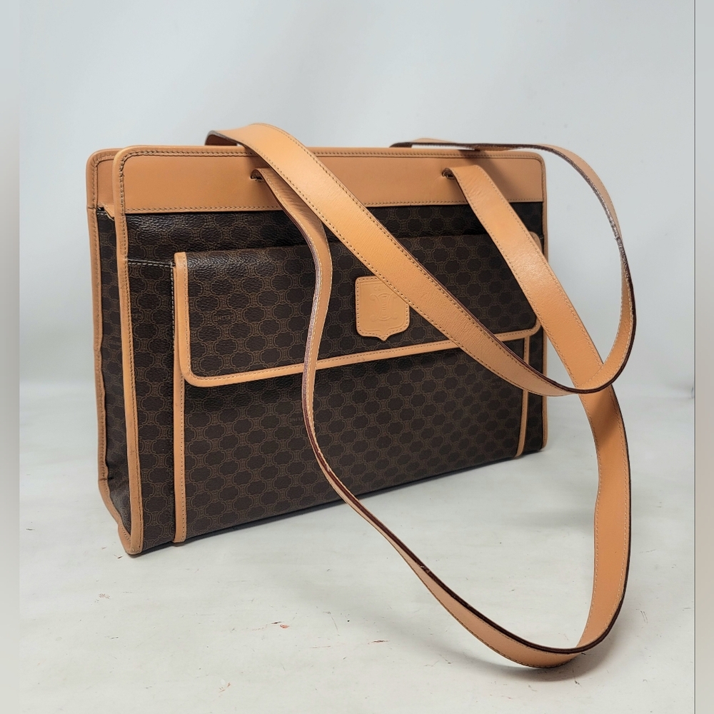 Celine Triomphe Brown Canvas Leather Large Shoulder Hand Bag Authentic Vintage